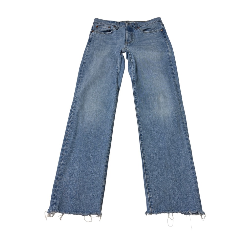 Levis Premium Big E Wedgie Straight Jeans Womens 28X28‎ Blue Raw Hem Medium Wash